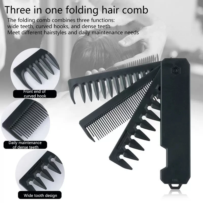 Professioneller 3-in-1-Taschen-Klappkamm mit breiten Zähnen, Ölkopfkamm, Bartkämmen, Friseur, Haarschneidemaschine, Kamm, Salon-Haar-Styling-Werkzeug