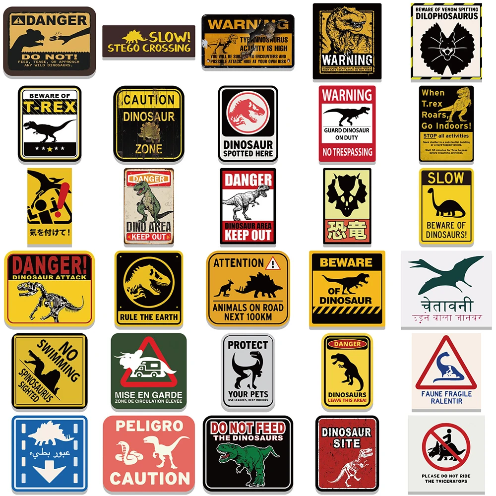 10/30/60pcs Jurassic Dinosaur Warning Stickers pericolo divieto decalcomanie fai da te Notebook frigorifero moto bagagli Car Sticker giocattolo per