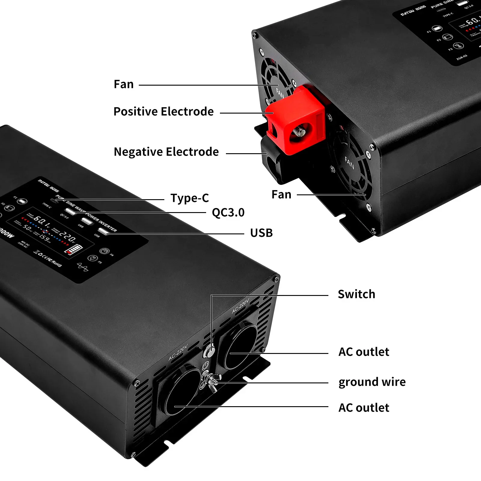 Imagem -03 - Inversor de Onda Senoidal Pura Alimentação Contínua 2000w Pico de Potência 4000w Conversor de Tensão dc para ac Power Car Inverter Datouboss-dn03