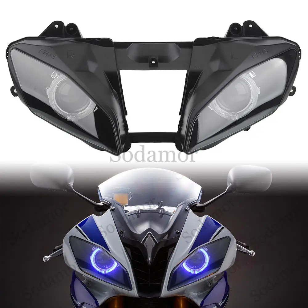 

Motorcycle Custom Headlight Assembly Projector LED Lights High/Low Beam Blue Angel Eyes Headlamp For Yamaha YZF-R6 R6 2008-2016