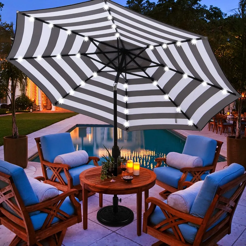 

9 ft Solar Umbrella 32 LED Lighted Patio Umbrella Table Market with Tilt and Crank Outdoor for Garden,Backyard，Pool and Beach