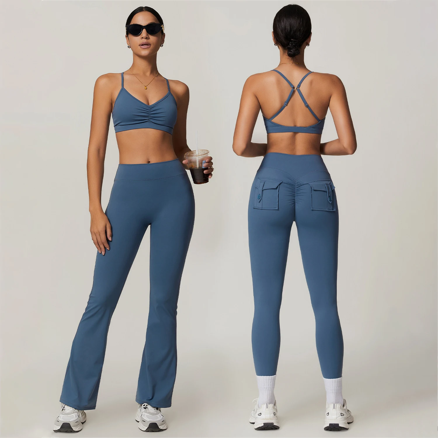 Crossover Back Tight Yoga Suit Work Pocket Gym Quick Dry Sportswear High Waisted Hip Lifting Running Cycling Fitness Clothing