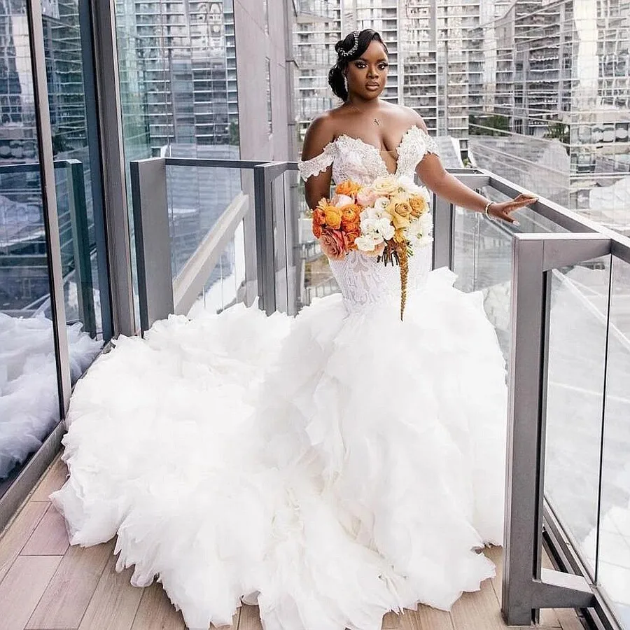 

African Women Wedding Dresses Off Shoulder Beads Sequins Lace Ruffles Tiered Bottom vestidos de novia Plus Size Bridal Dress