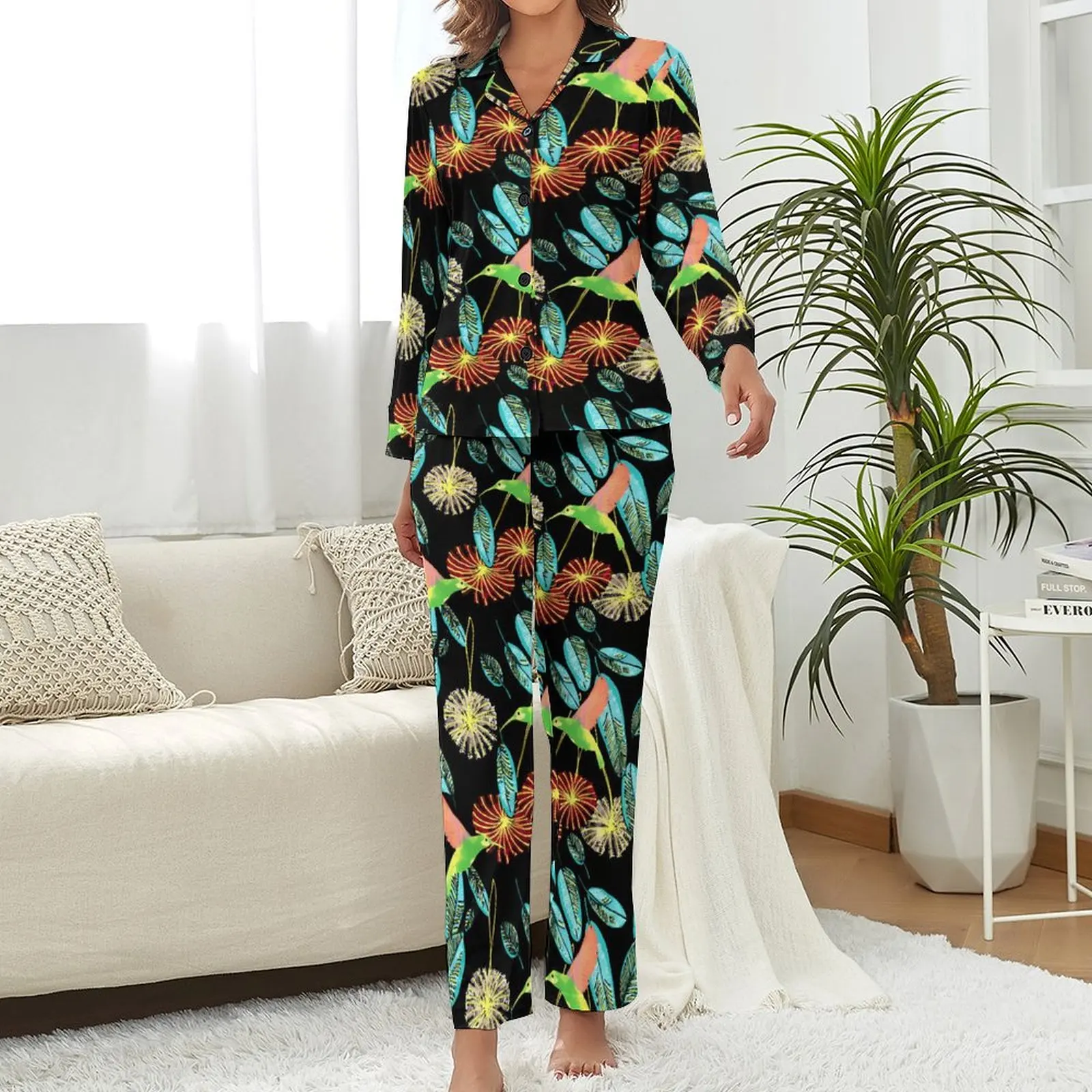 Tropical Birds Flower Pajamas Women Green Leaves Kawaii Sleepwear Autumn Long Sleeve 2 Piece Leisure V Neck Custom Pajama Sets