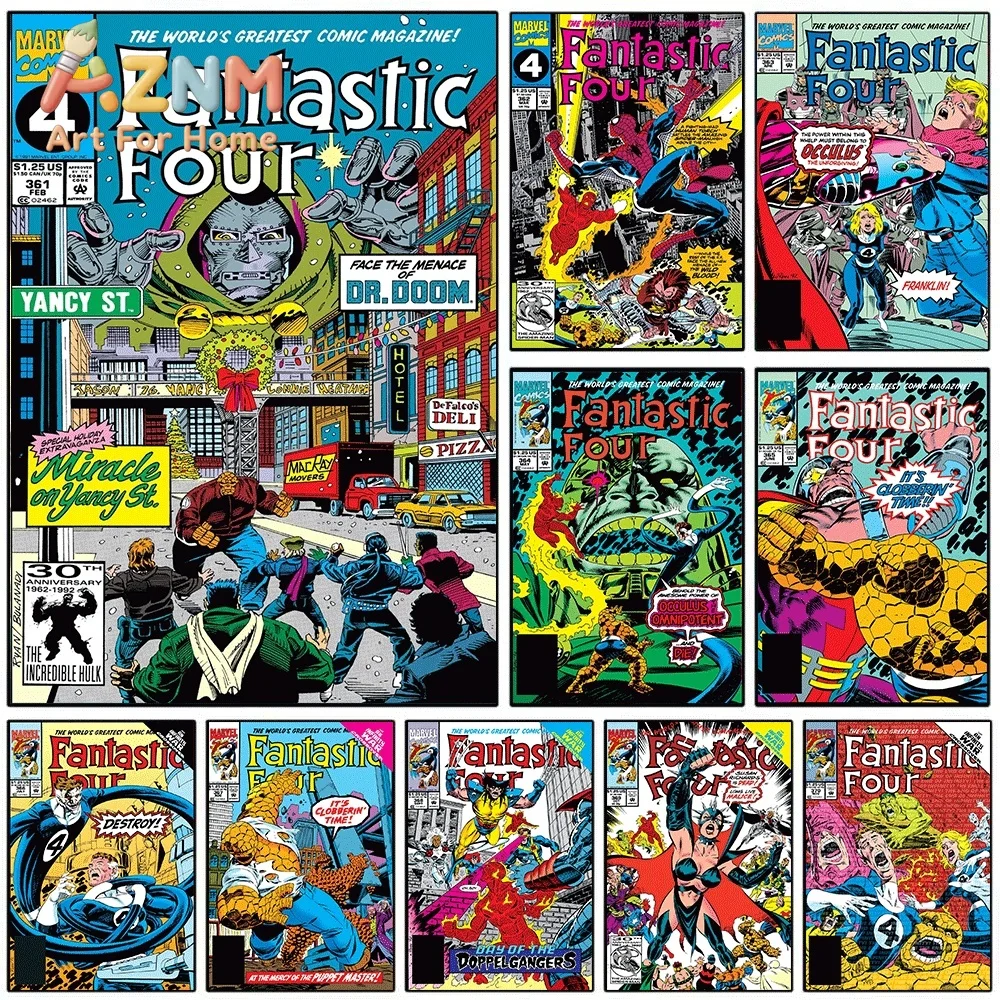 AZNM Fantastic Four Miracle on Yancy St Vintage Comic Collage Canvas Wall Art Unframed Print, Superhero Poster for Bedroom Liv