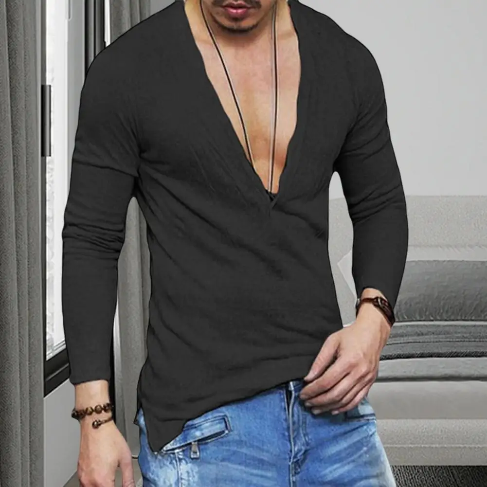 Autumn Men's Clothing Casual T Shirt Solid Color V Neck Long Sleeve Leisure Streetwear Popular Loose Tees 2xl