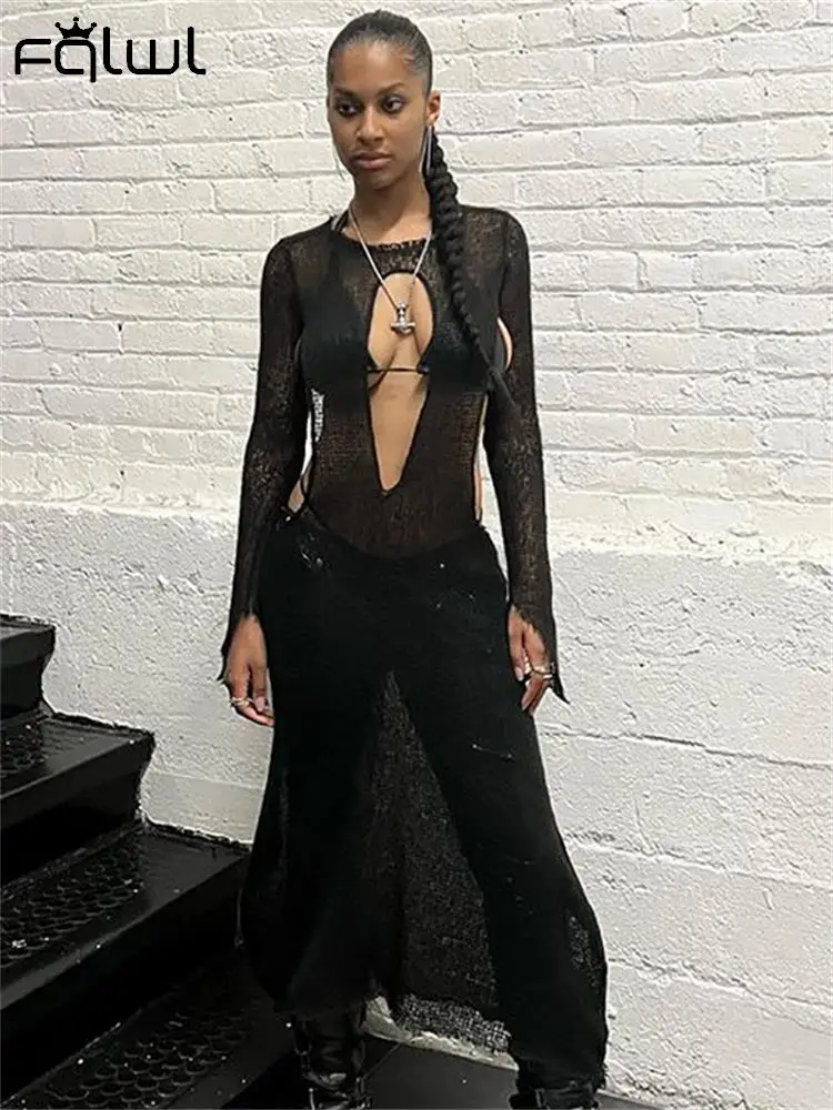 

Habbris Fall Fashion Black Knitted Mesh Long Dress Night Club Outfits For Women 2023 Hollow Out High Waist Maxi Dress New Dress