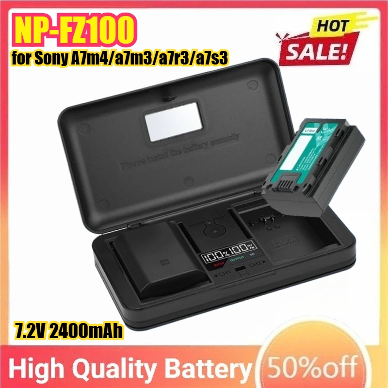 

7.2V 2400mAh NP-FZ100 Battery + Charger for Sony A7m4/a7m3/a7r3/a7s3/a7r4/a7c/a6600/a9/ZV-E1/A6700 Camera Batteries