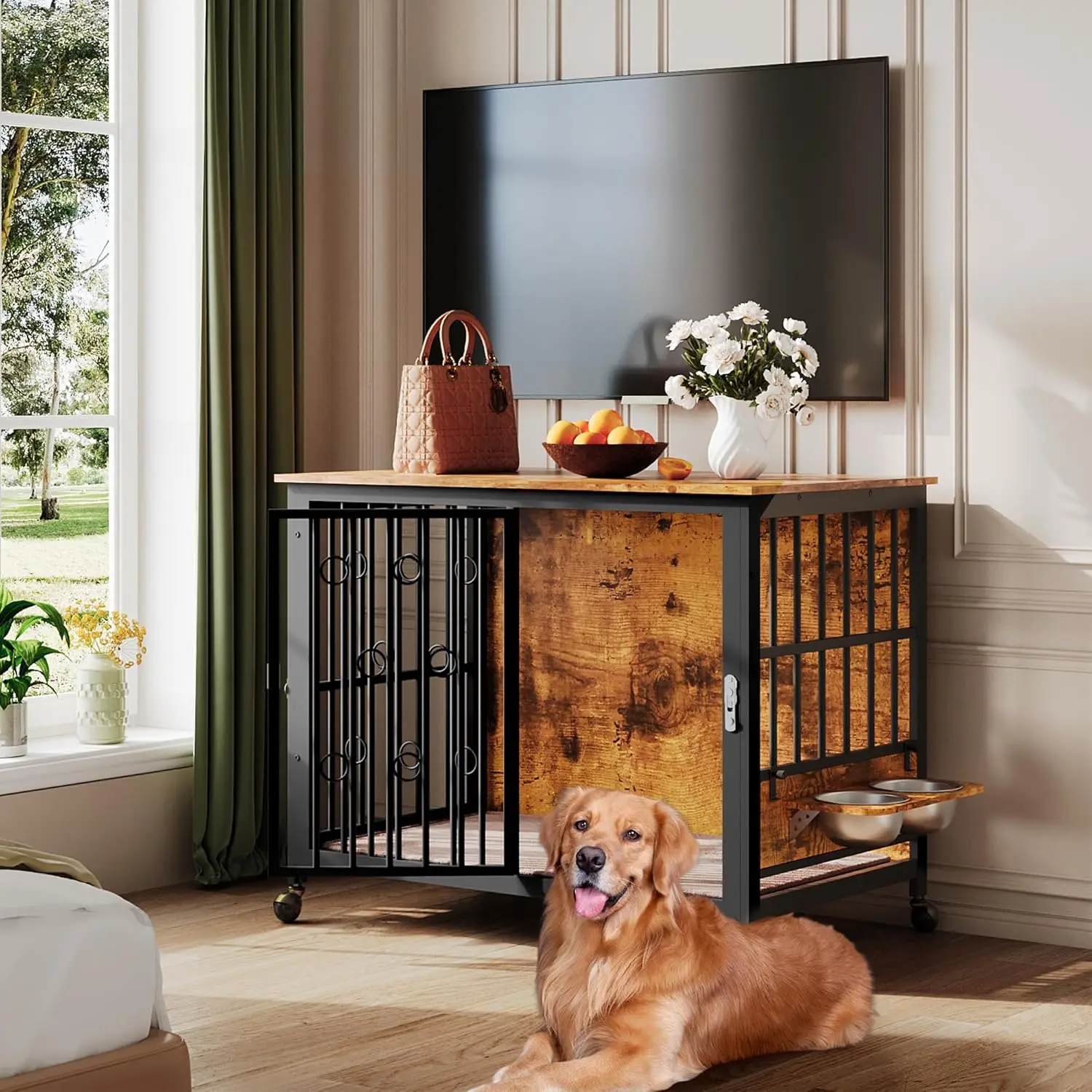 37.4'' Dog Crate Furniture Large Storage TV Stand with Plush Cushion / 2 Bowls / 4 Lockable Wheels, Wooden Dog Kennel Dog