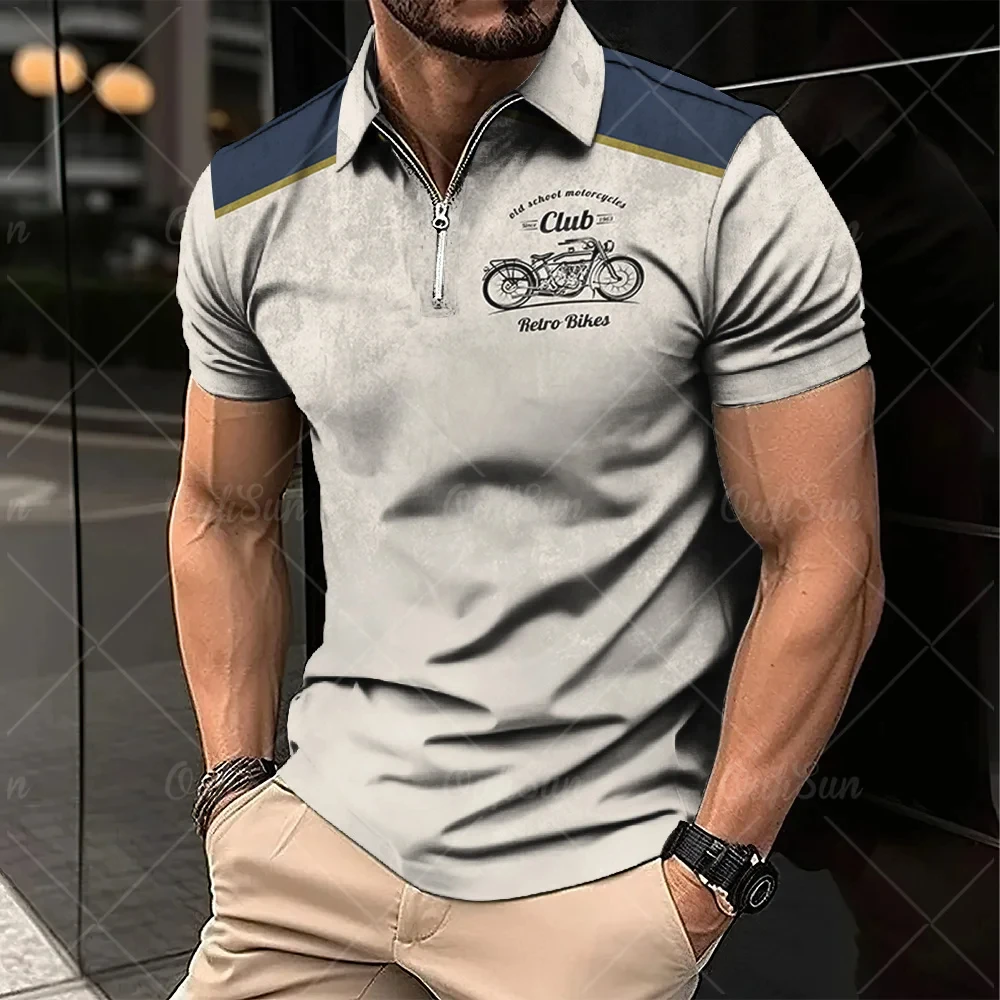 2024 Vintage Summer Short Sleeve Polo Shirt Men Half Zip Up Lapel Classic Motorcycle Graphic Men Polo Shirts Oversize Streetwear image 5