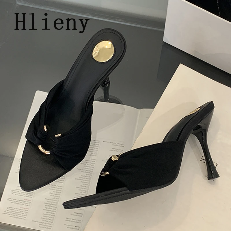 Hlieny Design Metal Buckle Slipper Modern Womens Fashion Summer High Heels Sexy Pointed Toe Nightclub Sandals Stripper Shoes