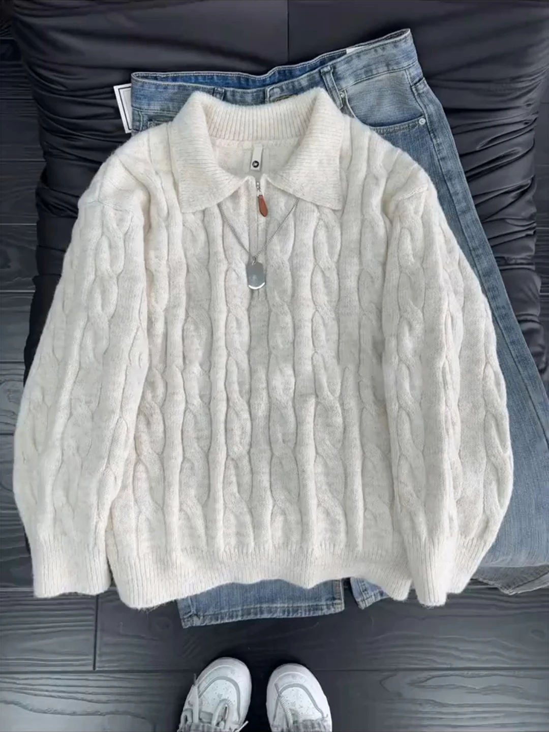 

Мужской вязаный свитер на молнии до середины груди, повседневный стиль, плотный, износостойкий, осенне-зимний, с воротником с узором «косичка»