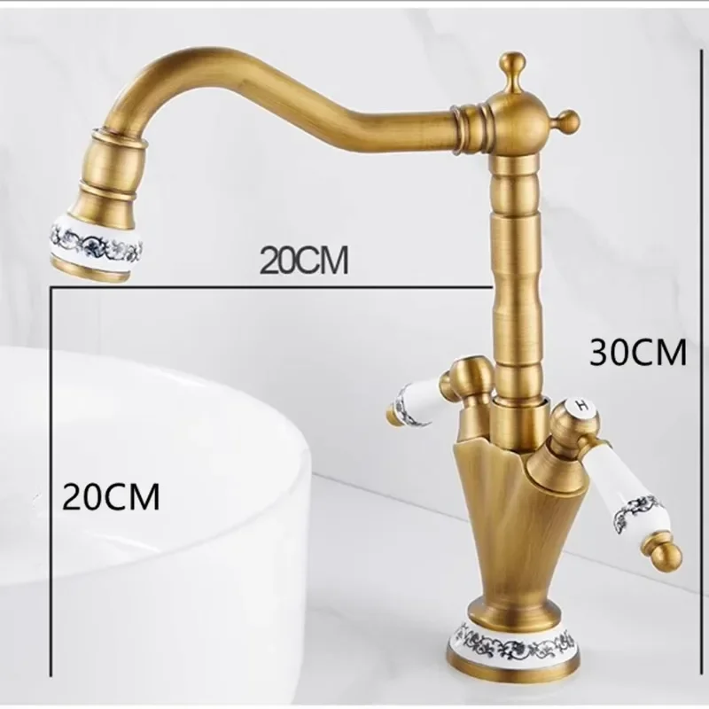 Antique Brass Basin Faucet Cold and Hot Retro Style Bathroom Mixer Faucet Single Hole Dual Handle Heighten Sink Mixer Tap