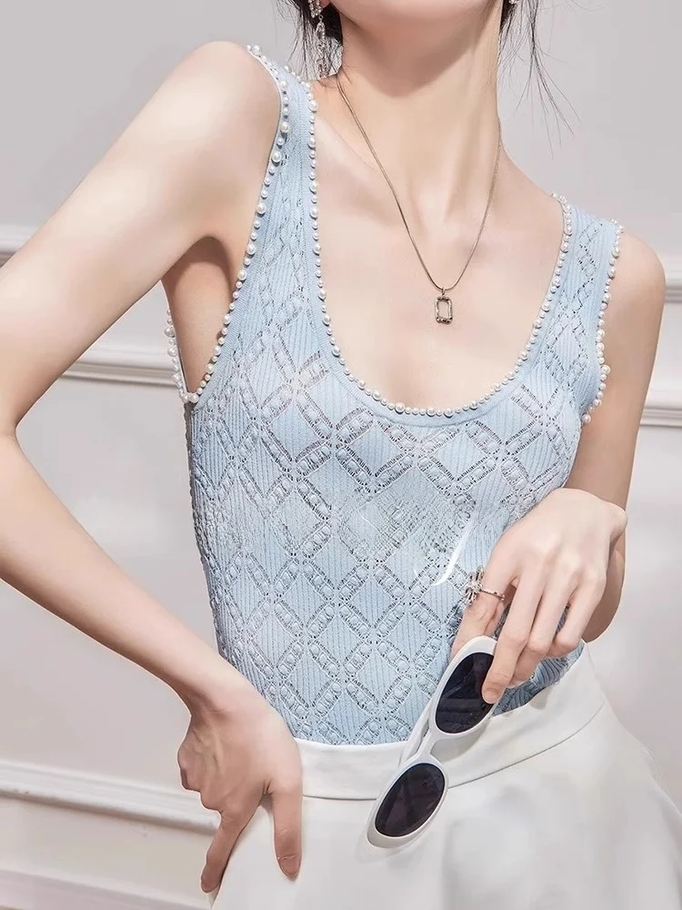 Ceco de Punto Ajustado, Prenda Interior con Diseño de Cuentas, Estilo Coreano Moderno, Cseta Informal de Verano para Co...