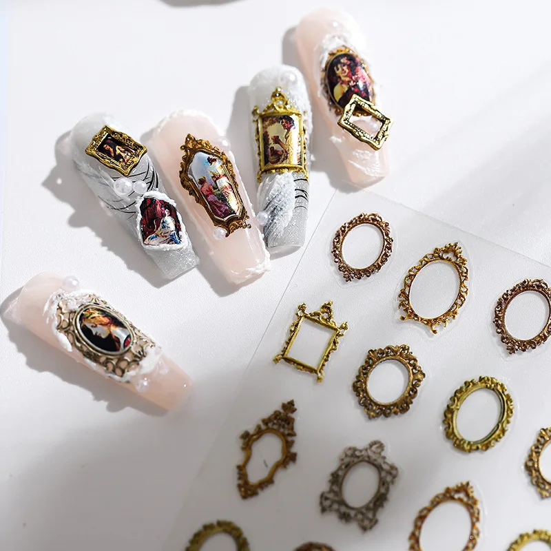 5D metallic gloss nail sticker high quality embossed retro oil painting design electro gold craft self-adhesive nail art sticker