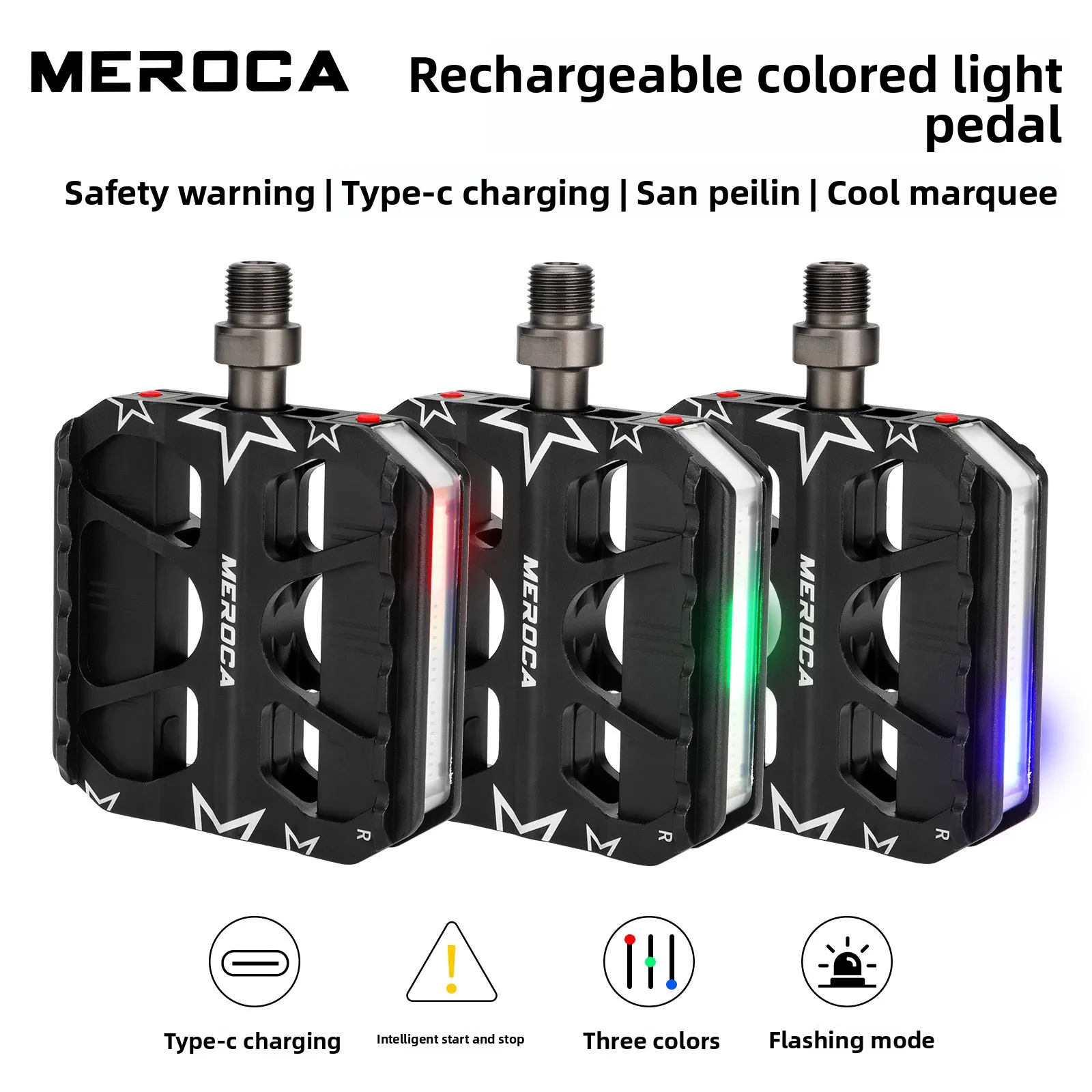 

MEROCA Bicycle Pedals, Mountain Bike Folding Bike 3 Perlin Aluminum Pedals with Lighted Pedal Warning