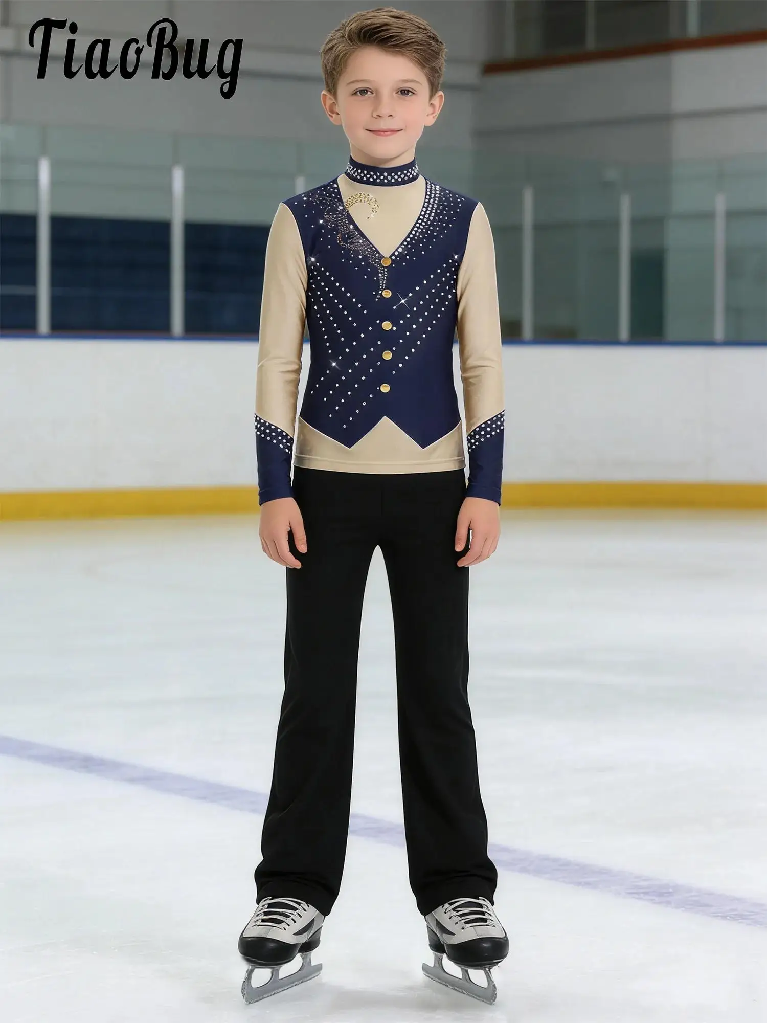

Kid Boys Figure Ice Skating Competition Costume Latin Jazz Tango Dancewear Outfit Rhinestones Long Sleeve Shirt Top with Pants