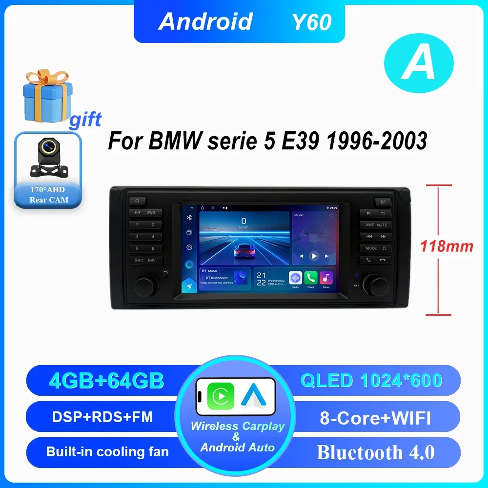 7 Inch Draadloze CarPlay Android Auto Radio Voor BMW 5 Serie E39 X5 E53 M5 1996-2003 Auto multimedia GPS 2din DVD Autoradio 4G DSP