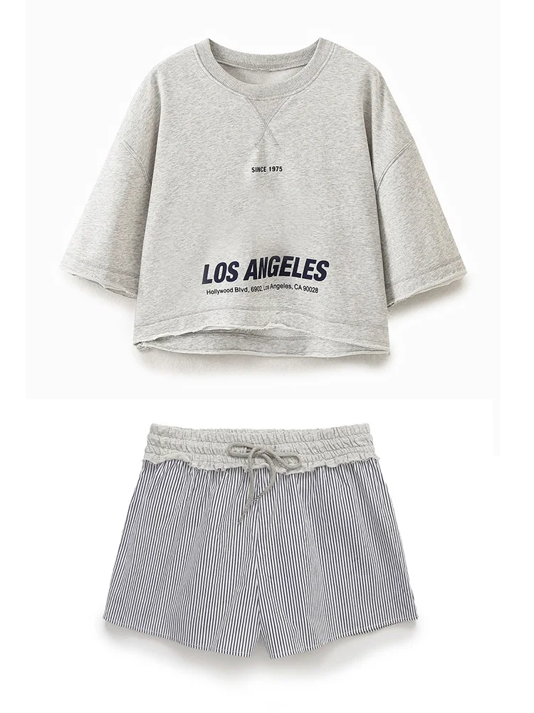 

Slogan Print Sporty Casual 2 Piece Set Women Summer New In Matching Sets Cropped Sweatshirt And Contrast Waist Shorts Co Ord Set