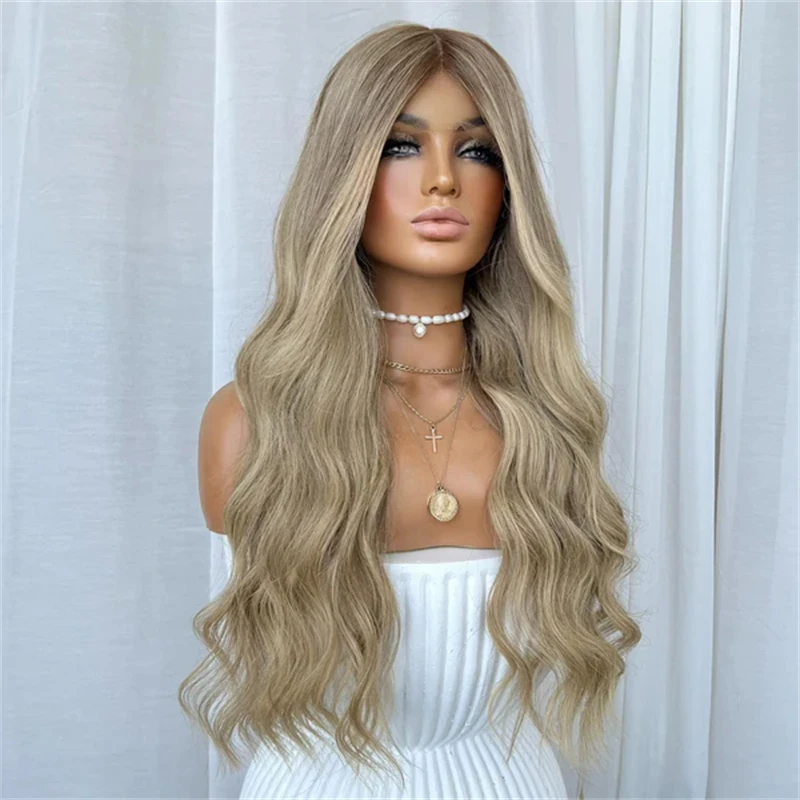 

Natural Wig Ombre Ash Blonde Body Wave Synthetic Lace Front Wig Preplucked Hairline with Baby Hair Party Daily Cosplay wig 28''