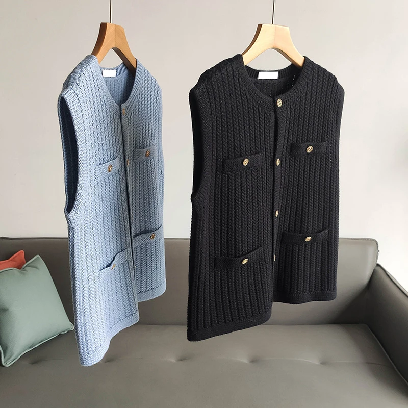 

Loose Faionable Camere Knitted Sweater Women's Vest Svel round Ne Open Cardigan oulder Top Straight Cut Sle