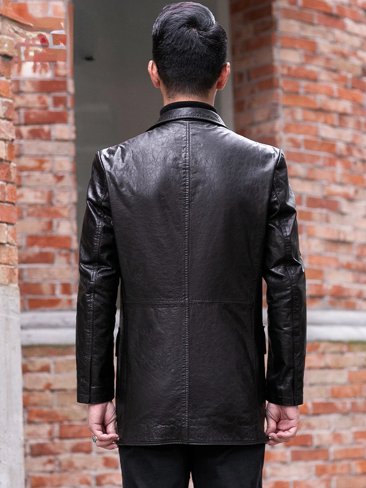 First Layer Oil Wax Cowhide Suit Coat Spring and Autumn Black Genuine Leather Jacket Men's Business Casual Cow Leather Clothing