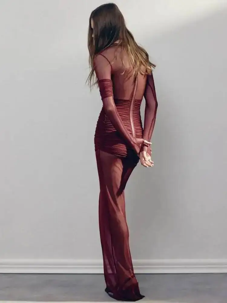 ชุดเดรสยาวแขนยาวผ้าตาข่ายเย็บต่อกัน ดีไซน์เข้ารูป เหมาะสำหรับงานปาร์ตี้ คลับ หรืองานกลางคืน  แบบเซ็กซี่  สองชั้น  ซีทรู  เสื้อผ้าฤดูใบไม้ร่วง