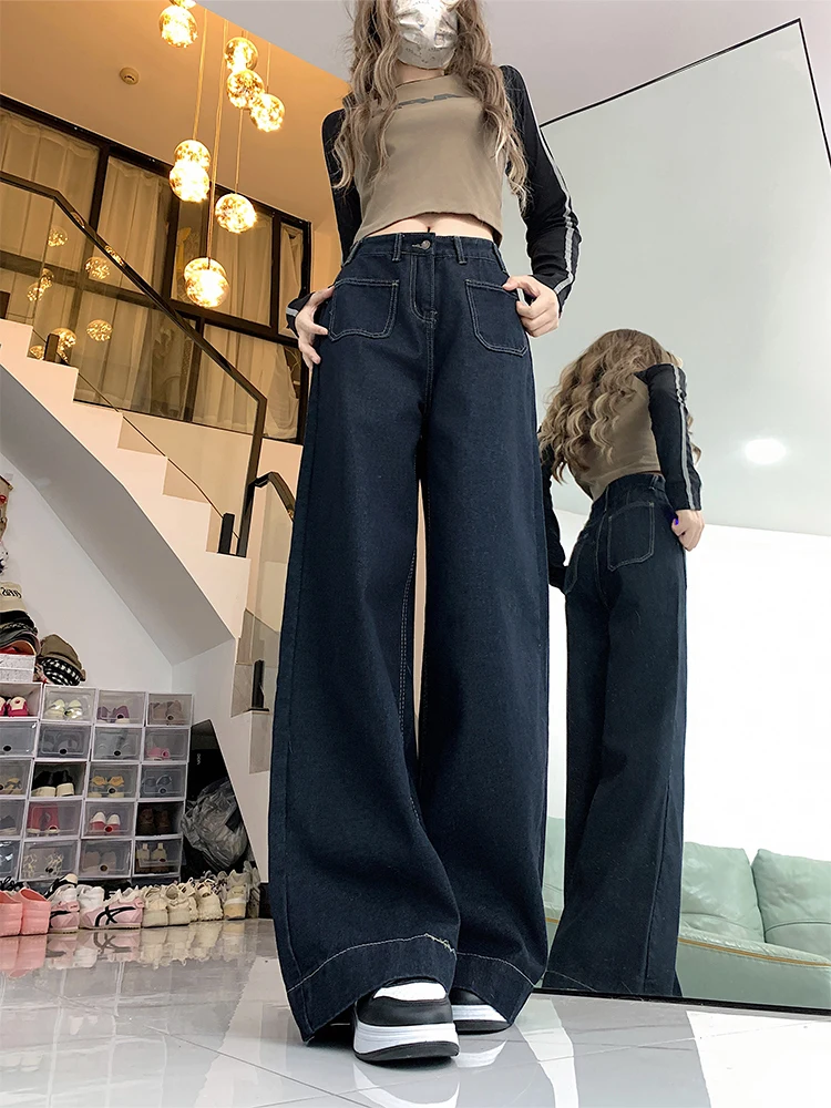 

Американские джинсы с высокой талией и широкими штанинами для женщин, весна-осень, большие размеры, облегающие, свободные, драпирующиеся, прямые брюки в пол