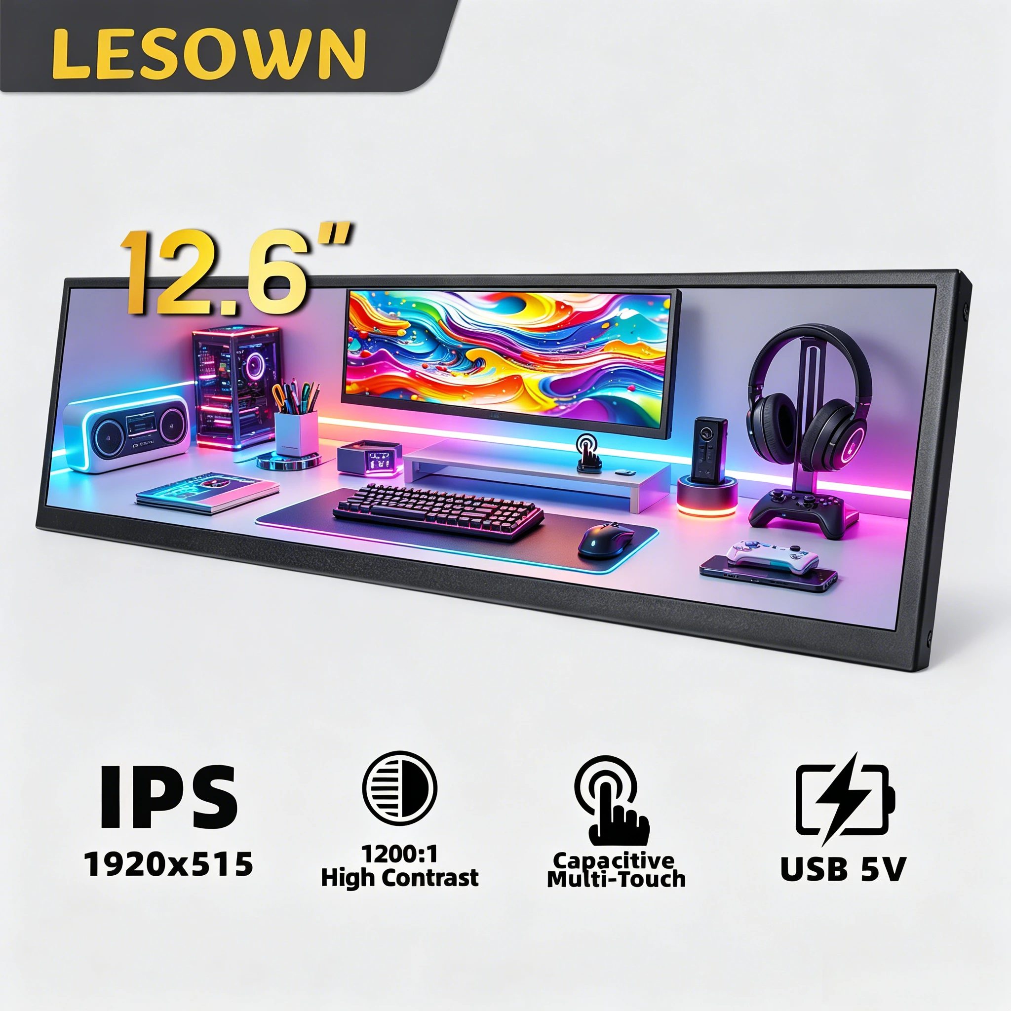 

LESOWN 12.6 Inch Bar-type Monitor 1920x515 16:4 Stretched Screen for PC System Monitoring & Aesthetics