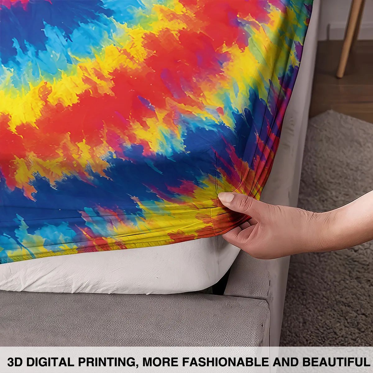 Tie-Dye Style Skin-Friendly Fitted Bed Sheet 3PC Set with Pillowcases Soft Cozy Queen King Size Collection Mattress Protection