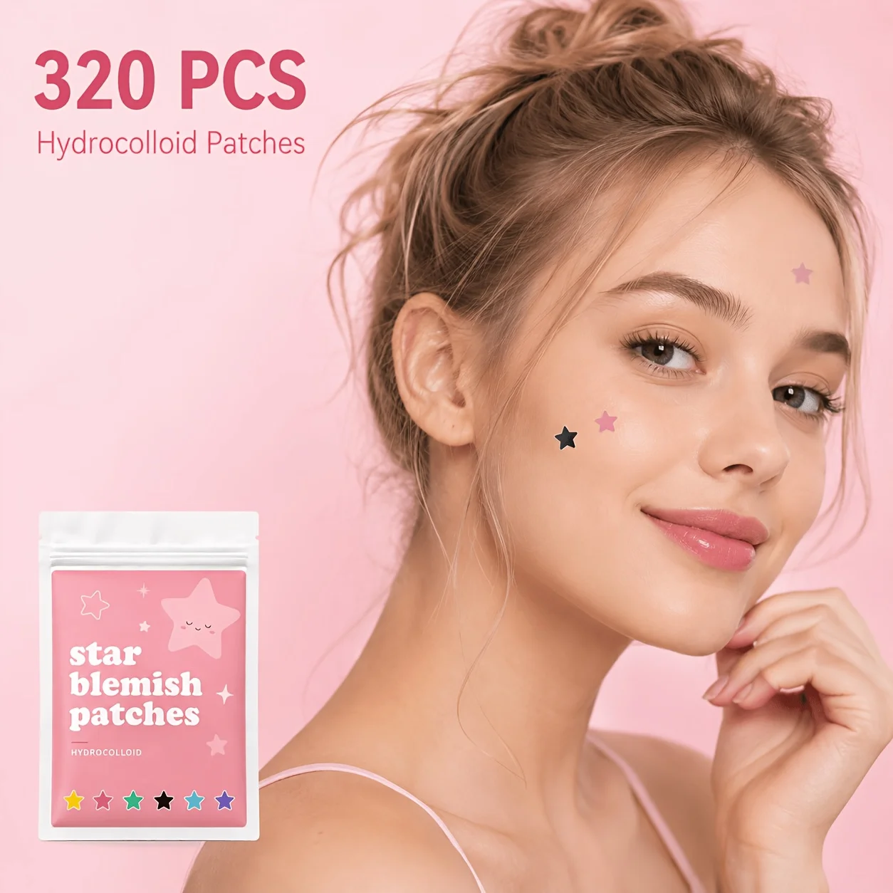 320PCS Black & Pink Star Pimple Patches, Transparent Cute Face Stickers, Decorative Facial Patches for Men Women, Party Use