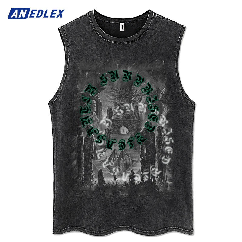 

2022 Summer Men Washed Sleeveless Tank Tops Hip Hop Punk Devil Graphic Print Gothic Vests Streetwear Harajuku Cotton Tank Tops