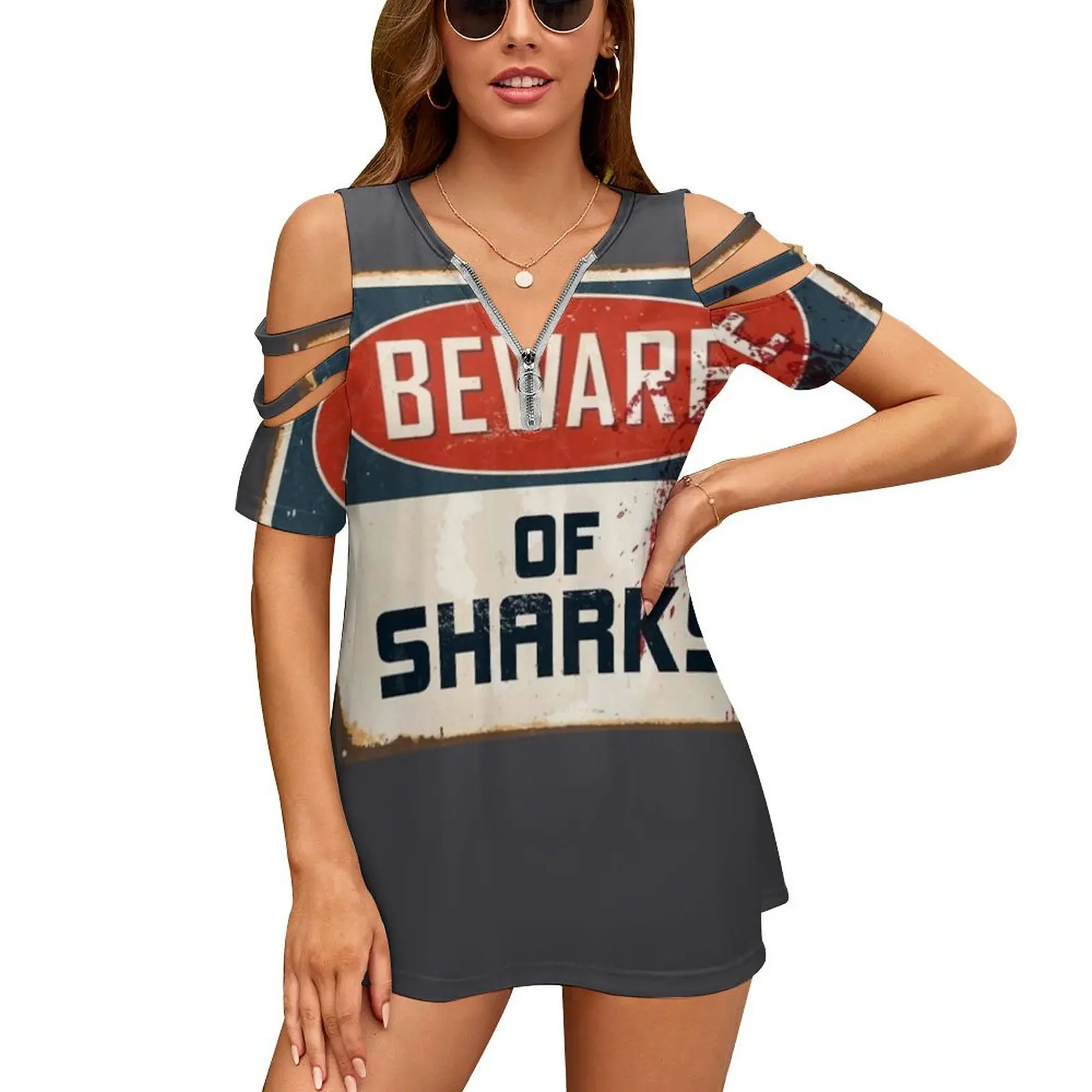 Beware Of Sharks Funny Shark Lover Hunting Gift New Fashion Zip Off Shoulder Top Short-Sleeve Women Shirt Beware Of Sharks