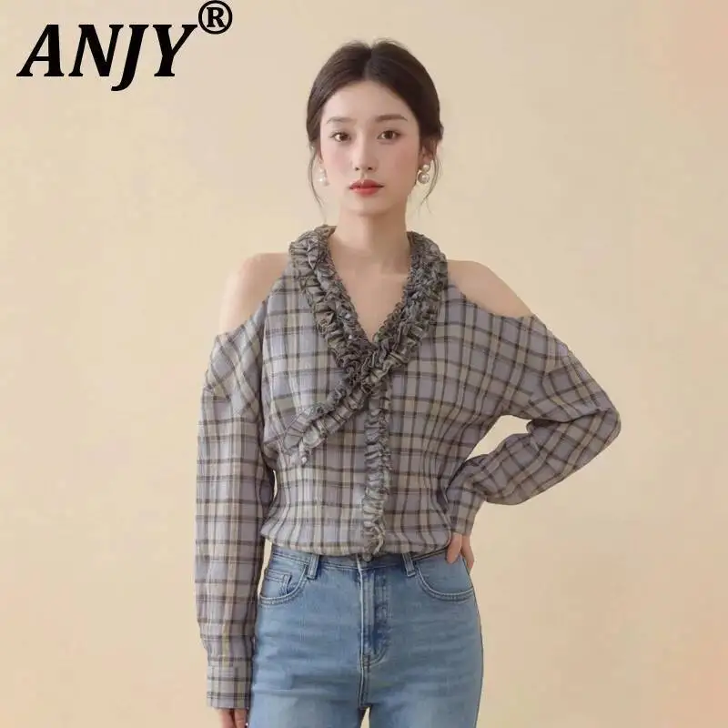 

ANJY Spring Summer New Women Stylish Plaid Patchwork Off The Shoulder V-Neck Shirt Trend Elegant Fashion Loose Ins Blouse A23292