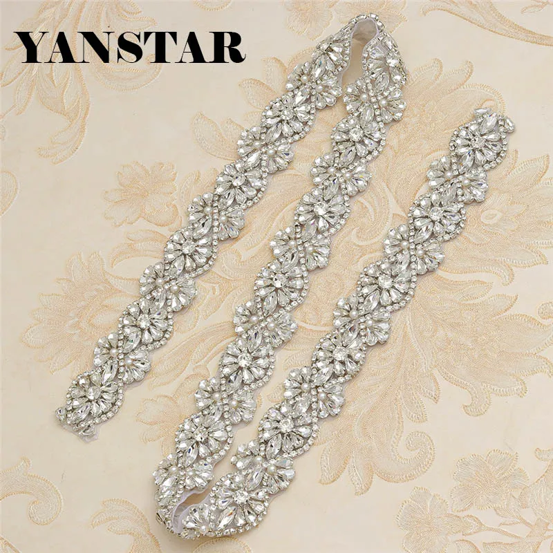 

YANSTAR Wholesale 3CM*10Yards Rhinestones Trim Iron On Wedding Dresses Belt Rhinetones With Beads Crystal On Bridal Sash YS875