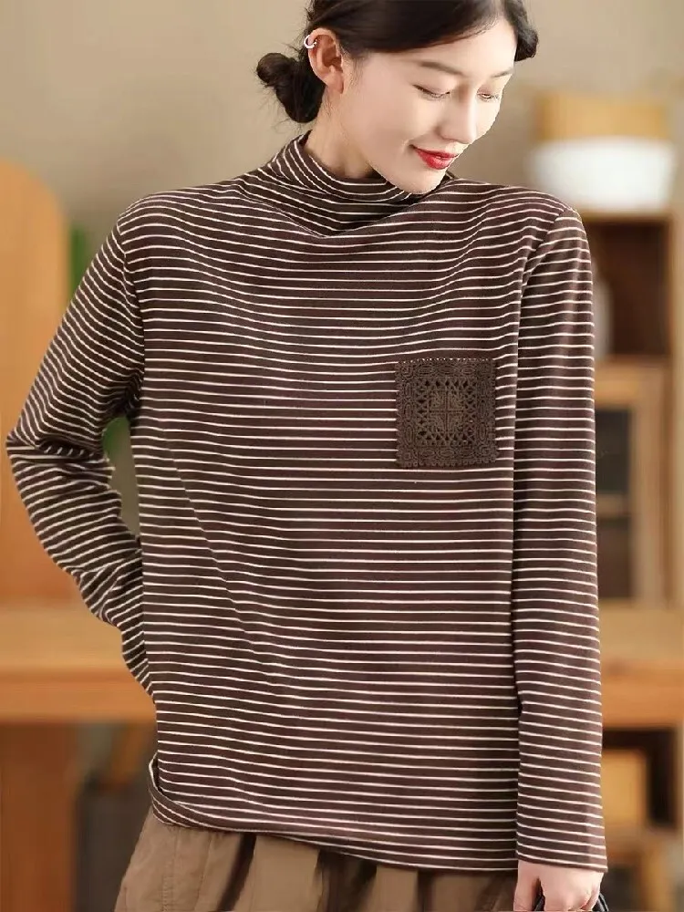 Max LuLu Striped Winter Turtleneck Ladies Classic Tee Shirts Fashion Vintage Loose Tops Cotton Leisure Elastic Elegant Clothes