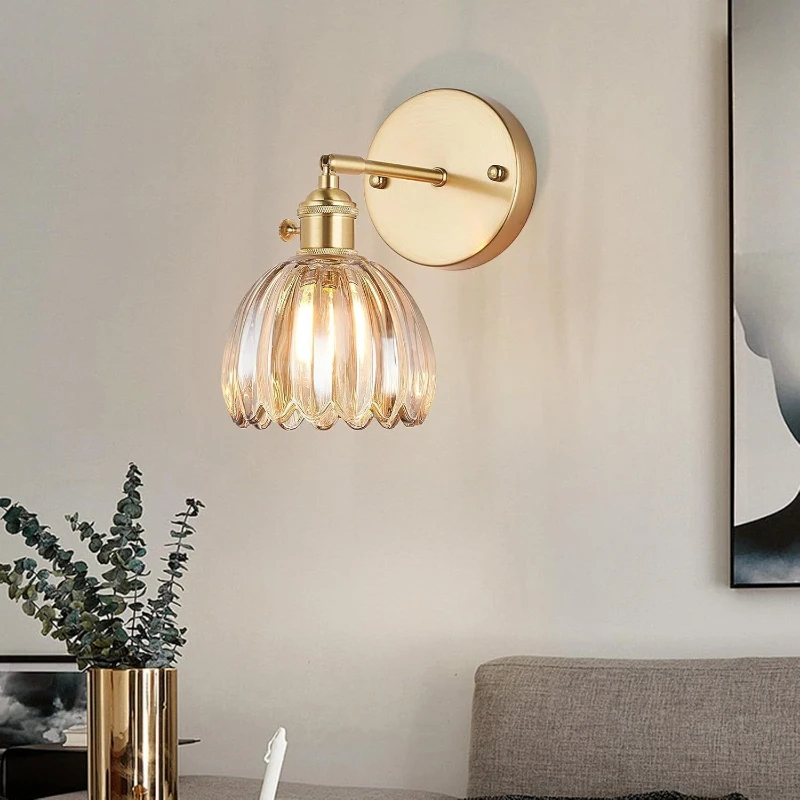 Brass Glass Wall Lamp, Nordic Minimalist Decorative Lighting Fixture for Bedroom Headboard Foyer Hallway
