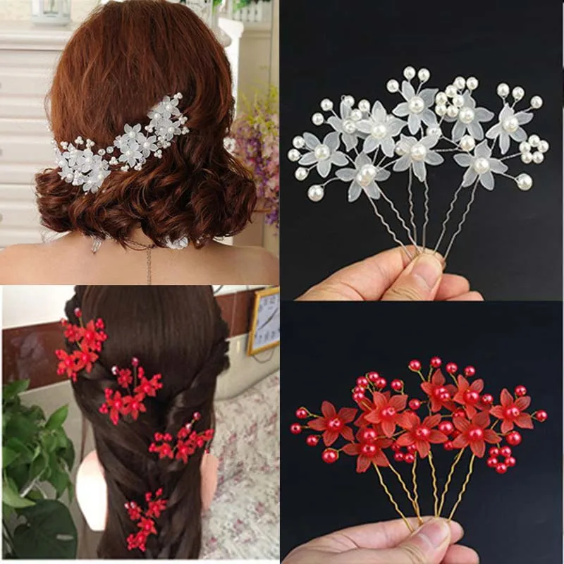 3pcs/set Bridal Hair Jewelry Headpiece Wedding Hair Accessorie Handmade Hair pins Stick Red White Flower Pearl Women