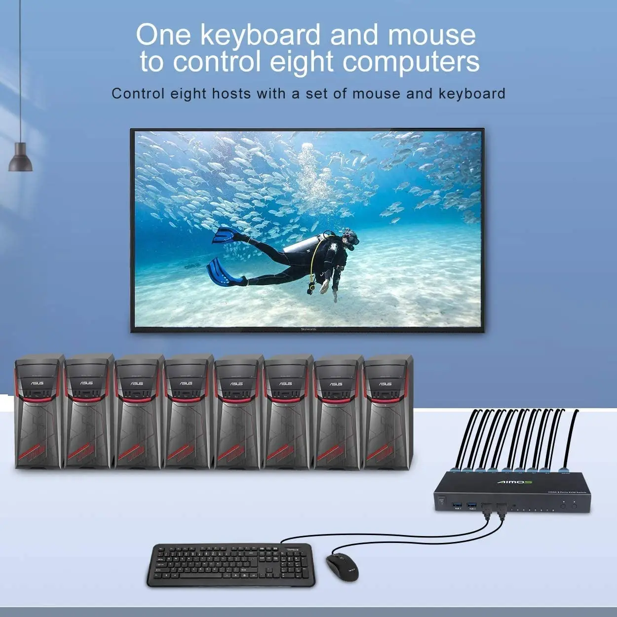 Aimos Kvm Usb Switch 8 In 1 Out Hdmi Switcher Box Ondersteuning 4K @ 30Hz Voor 8 Pc Delen Toetsenbord En Muis Ondersteuning Usb Hub Connect