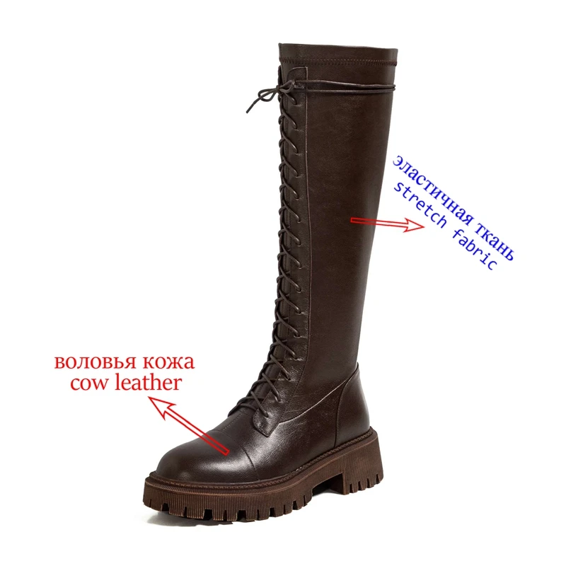 Krazing Pot Genuine Leather Round Toe High Heel Riding Boots Cross-tied Vintage Gladiator Lady Casual Platform Knee-high Boots