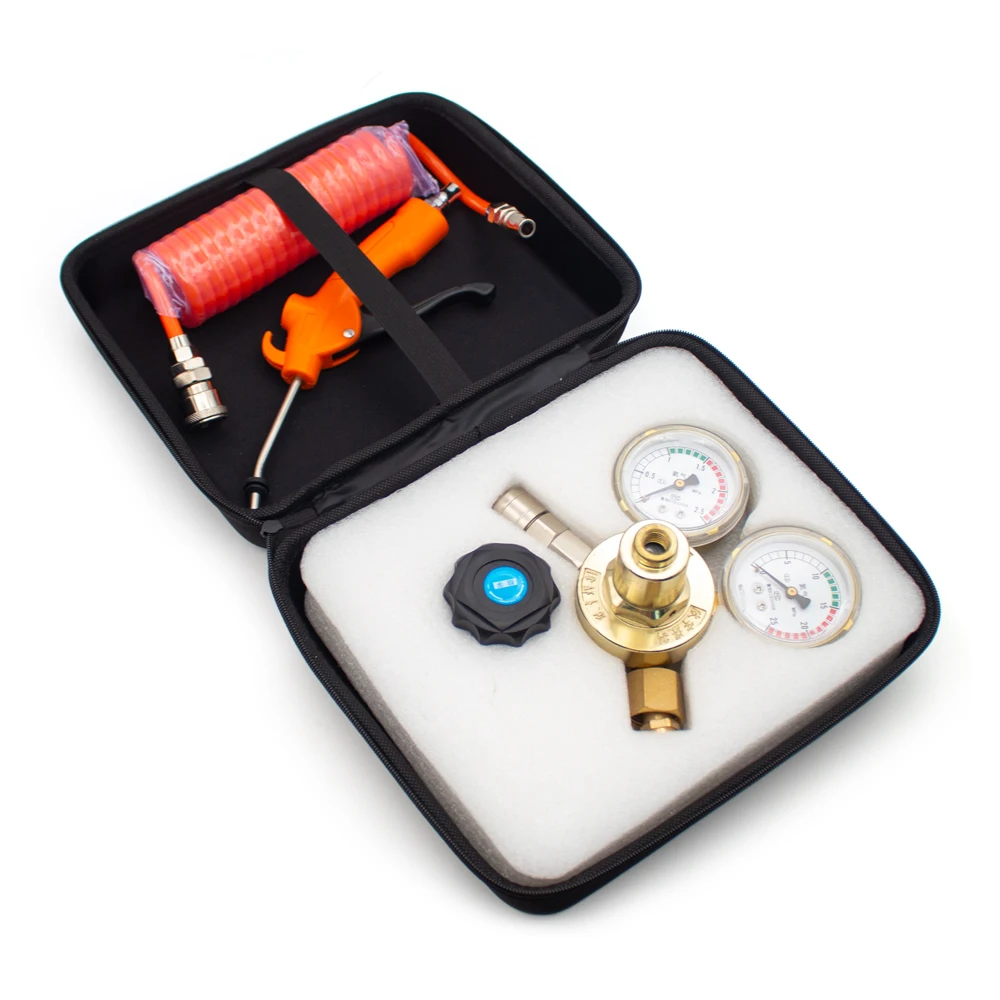 

High Pressure Helium Regulator Kit - Solid Brass Valve, Dual Gauge, Blow Gun, Braided Hose - for Helium Tanks Only