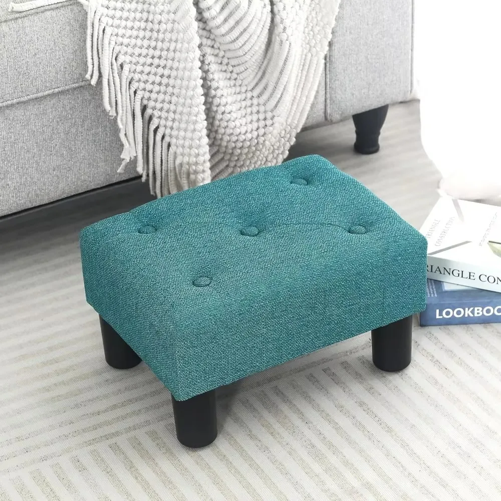 

Small Footstool Ottoman Upholstered Linen Fabric Button Tufted Rectangular Footrest with Plastic Legs, Teal