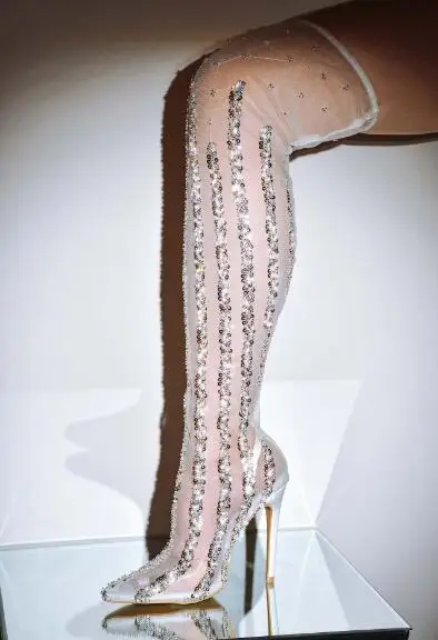 الفاخرة النساء الشظية الذهب الأسماك الموازين الهواء شبكة شفافة بولي كلوريد الفينيل أشار تو كعب رفيع فوق الركبة الأحذية تمتد أحذية طويلة