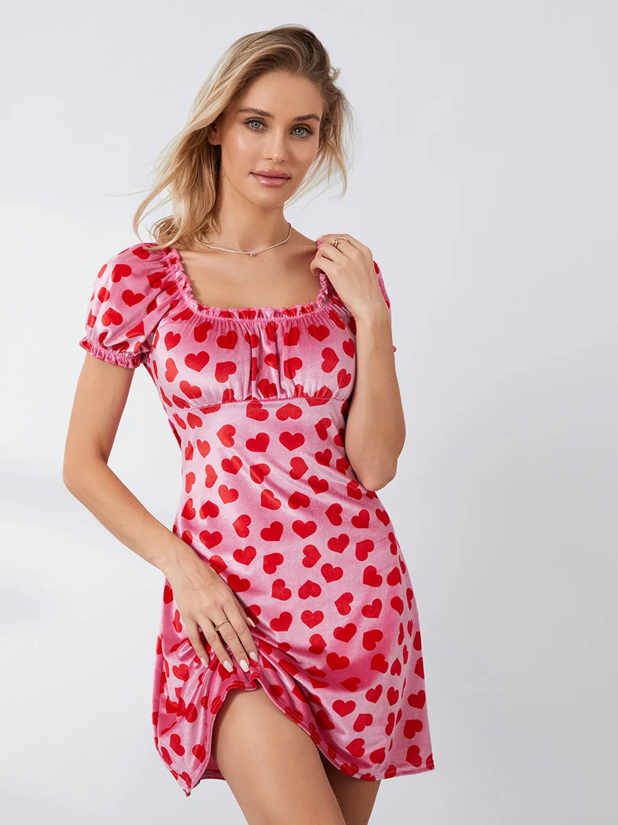 

Women Cute Heart Print Mini Dress Sweet Short Sleeve Scoop Neck Tie Back Casual Short Dress Streetwear