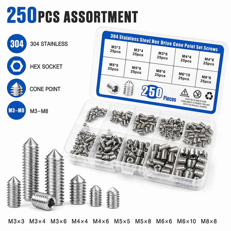 250Pcs 304 Stainless Steel M3-M8 Internal Hex Socket Cup Point Set Screw Assortment Headless Grub Screws with Organizer Case Set
