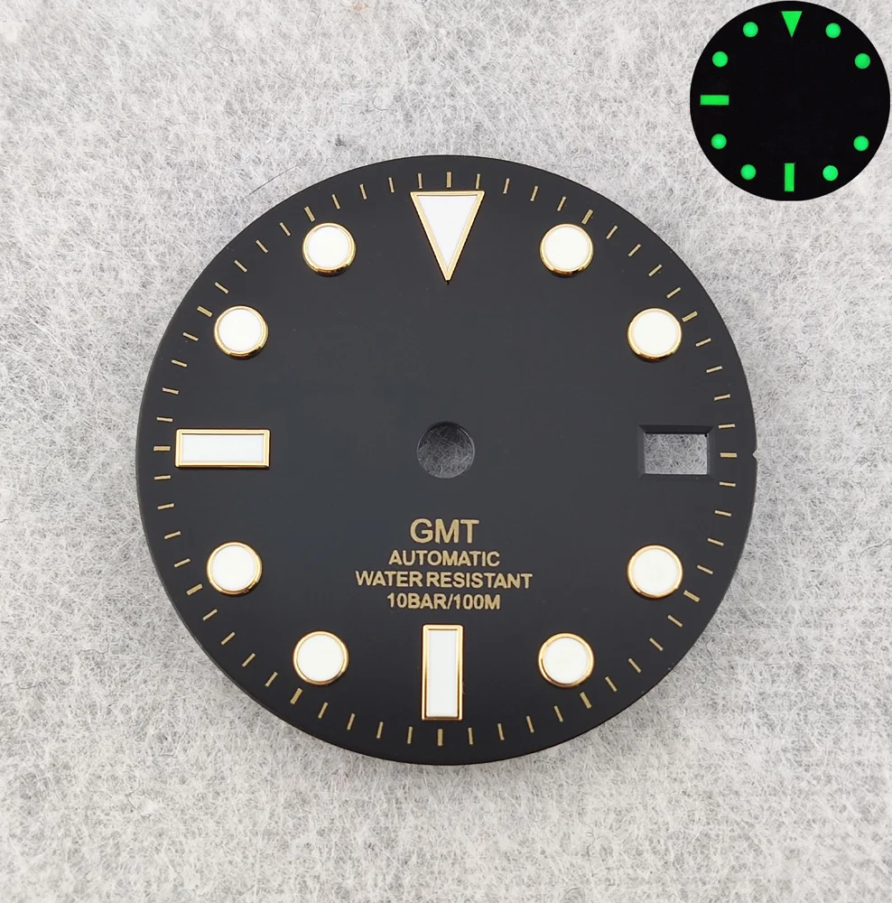 Циферблат 28,5 мм, циферблат GMT, циферблат NH35, циферблат NH34, светящийся циферблат, индивидуальный логотип, подходит для NH34/NH35/NH36, запасные части для часов с механизмом