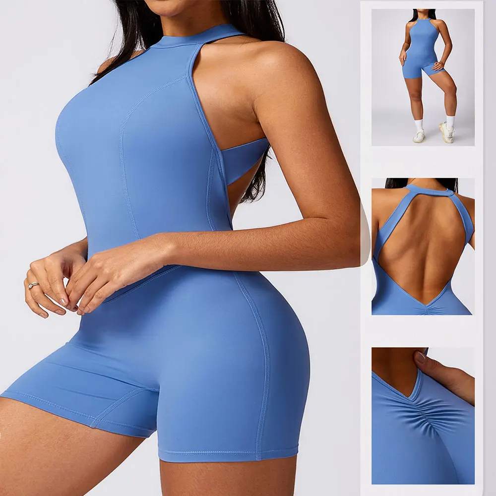 Pad Sleeveless Vest Exercise Crop Yoga Set One Piece Jumpsuit Women Sport Gym Workout Fitness Scrunch Shorts Active Rompers