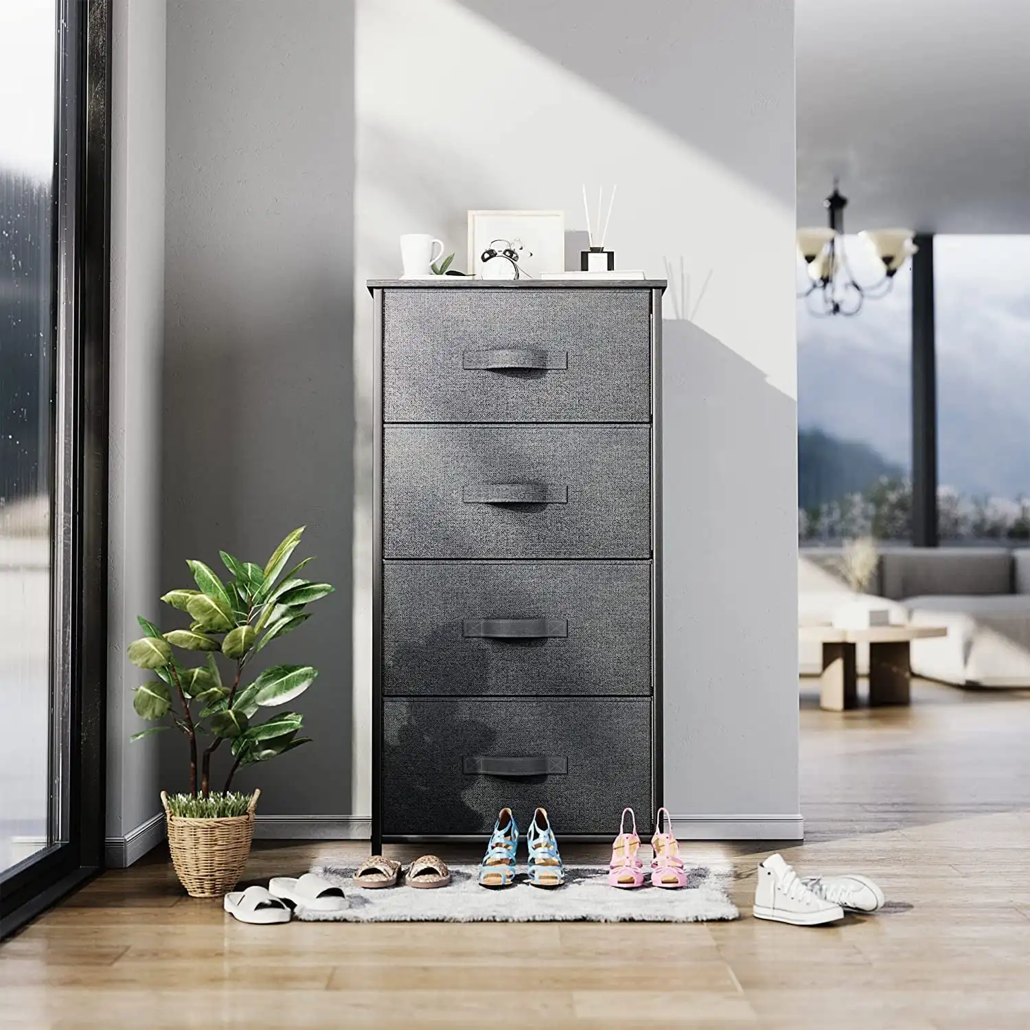 

Fabric Dresser with 4 Drawers, Furniture Storage Tower Cabinet, Organizer for Bedroom, Living Room, Hallway, Closet