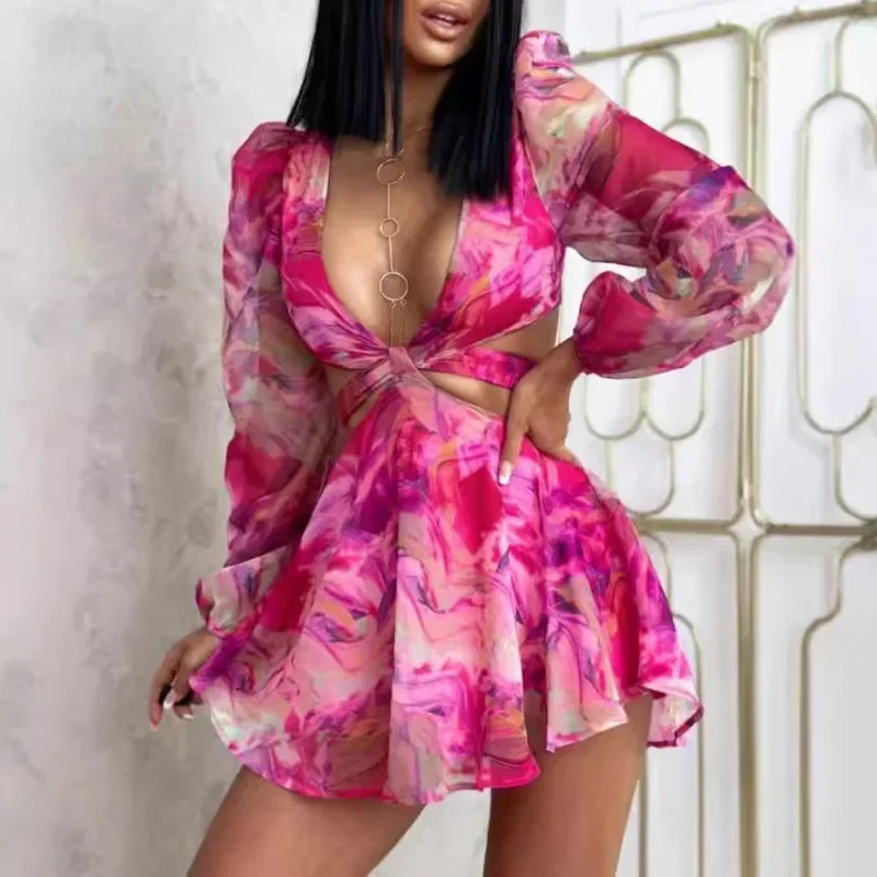 

Элегантный шифоновый короткий комбинезон с цветочным принтом для женщин, комбинезон с глубоким v-образным вырезом и рукавами-фонариками, оборками, весенний модный ажурный комбинезон