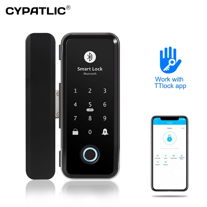 

Office Digital Biometric Frameless RFID Card Code Smart Sliding Fingerprint Glass Door Lock Support TTlock App Remote Control